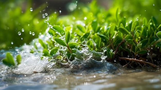 Foto una planta en un charco de agua con la palabra agua en la parte inferior