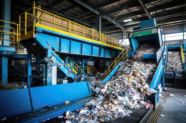 Planta de clasificación de residuos Muchos transportadores diferentes y transportadores de contenedores llenos de diversos residuos domésticos Eliminación y reciclaje de residuos Planta de procesamiento de residuos