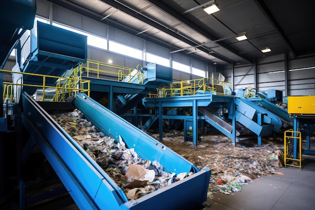 Planta de clasificación de residuos Muchos transportadores diferentes y transportadores de contenedores llenos de diversos residuos domésticos Eliminación y reciclaje de residuos Planta de procesamiento de residuos