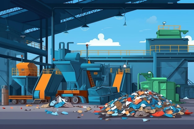 Planta de clasificación de residuos Transportadores de ilustración estilizada llenos de diversos residuos domésticos Eliminación y reciclaje de residuos Planta de procesamiento de residuos