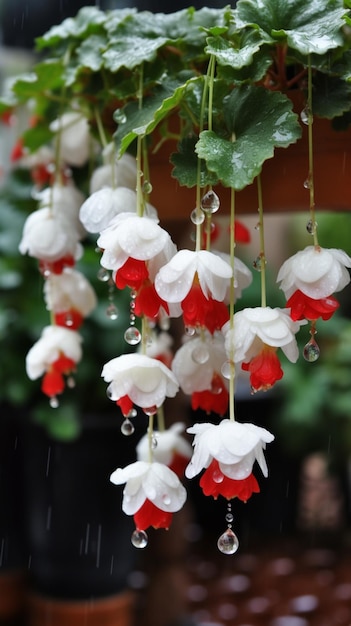 Una planta colgante con flores blancas y rojas.