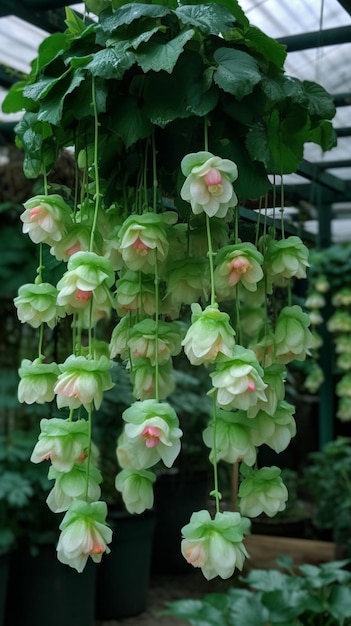 Foto una planta colgante con flores colgando de ella.