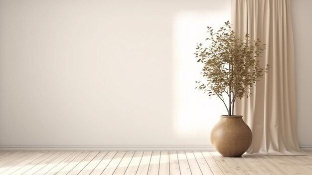 Planta contra uma maquete de parede branca Maquete de parede branca com planta de cortina marrom e piso de madeira Gerati