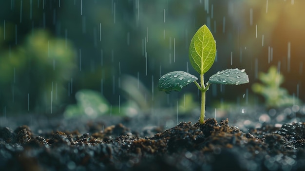 Planta de cosecha que crece en el suelo bajo la lluvia