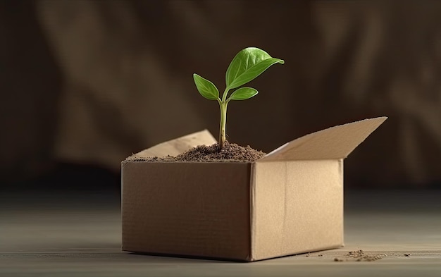 La planta crece en una caja de cartón