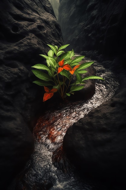 Una planta crece en una formación rocosa atravesada por un arroyo.