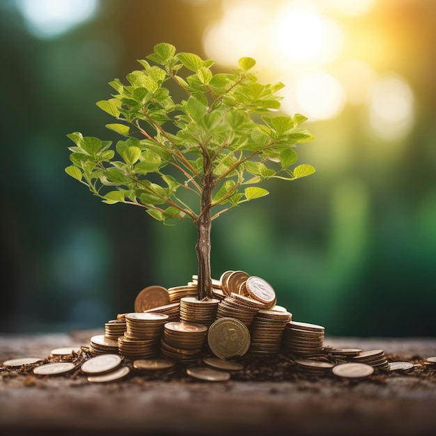 Planta creciendo en el suelo con una hermosa puesta de sol en el suelo hay monedas dinero