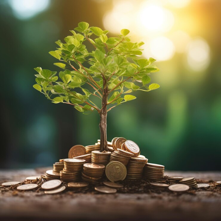 Planta creciendo en el suelo con una hermosa puesta de sol en el suelo hay monedas dinero