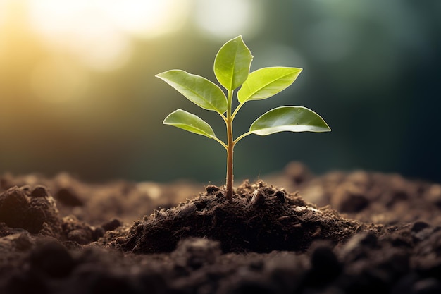 Planta en crecimiento El árbol joven crece del suelo rico Pequeño brote en primavera Día de la Tierra