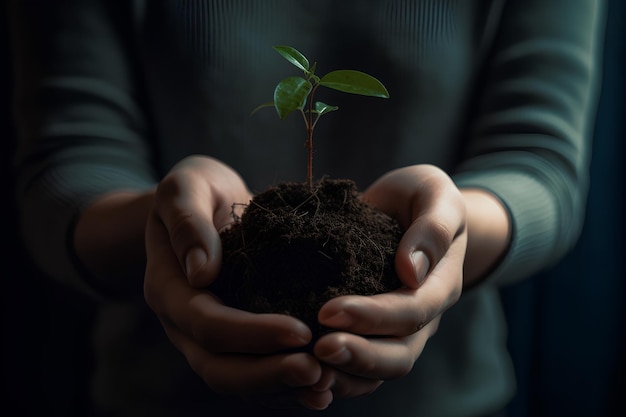 Planta en crecimiento en manos concepto ecológico día de la tierra y día del medio ambiente Ai generado