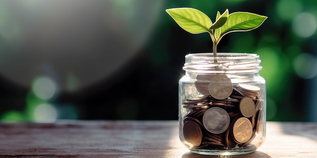 Planta crescendo em moedas de poupança