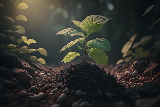 Planta crescendo em terreno agrícola ou floresta com luz solar durante o dia A planta está crescendo Dia Mundial da Terra