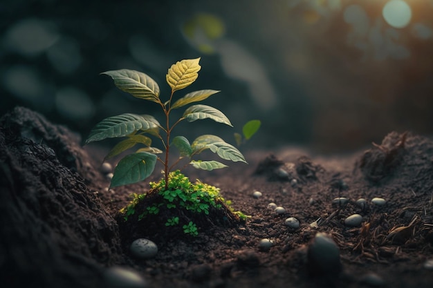 Planta crescendo em terreno agrícola ou floresta com luz solar durante o dia A planta está crescendo Dia Mundial da Terra