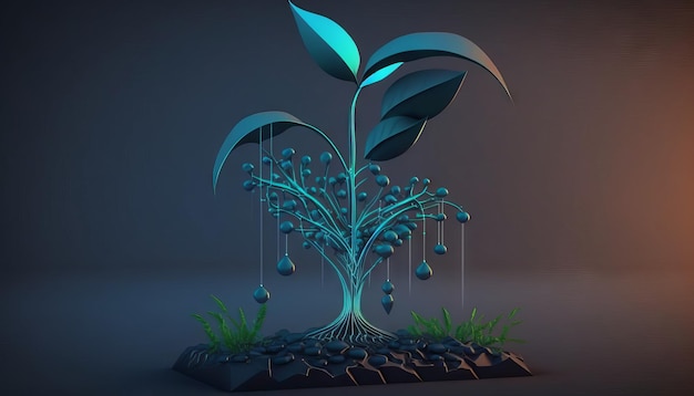 Planta crescente abstrata no solo com gota de água Design de estilo baixo poli Generative ai