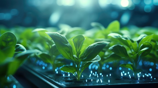 la planta de cultivo de brotes crece en el campo con pantalla cibernética Generative Ai