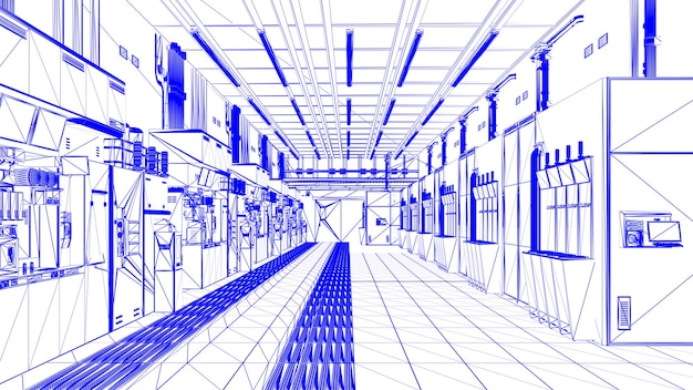 Planta da fábrica futurista de fabricação de semicondutores ou interior do laboratório com máquina e tela de computador