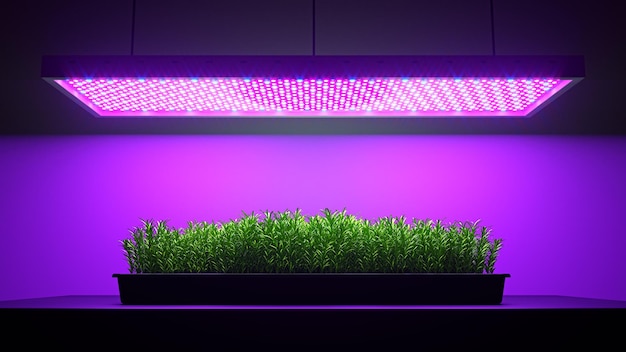 Planta de alecrim verde sob LED cresce ilustração 3d de luz