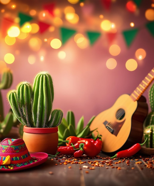 Planta de cacto Cinco de Mayo com chapéu com instrumento musical