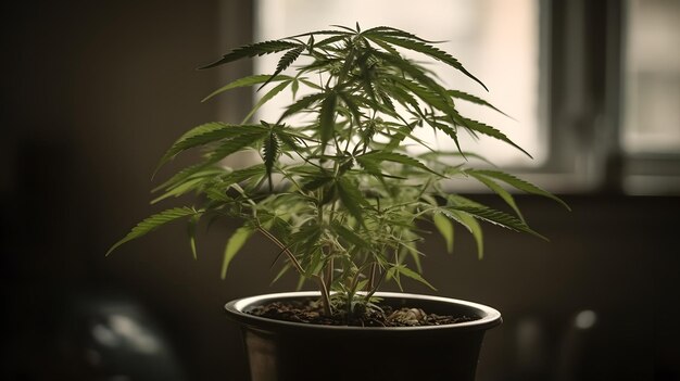 Planta de cannabis em uma panela em casa erva daninha maconha ganja generative AI