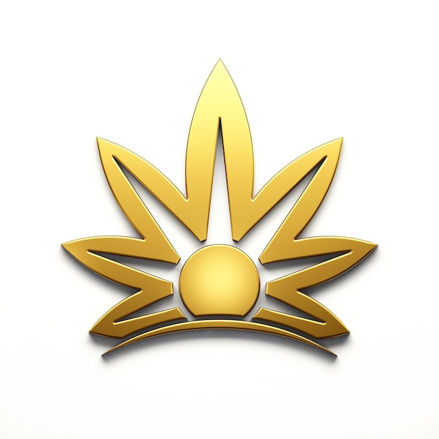 Planta de cannabis no ícone do logotipo do estilo sol dourado isolado na ilustração de renderização 3D de fundo branco