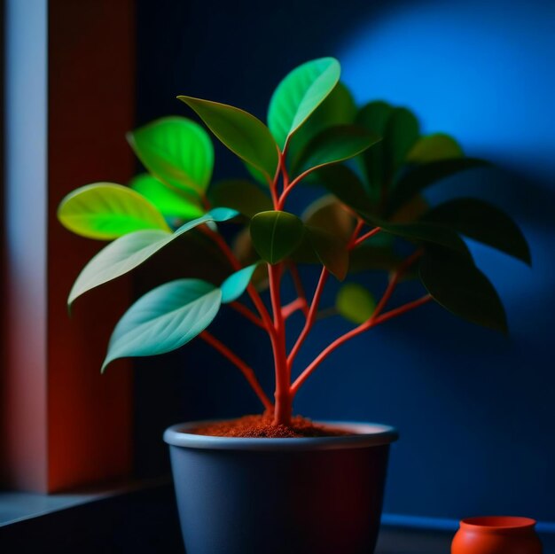 Planta de casa em um vaso com folhagem florida em um fundo mínimo