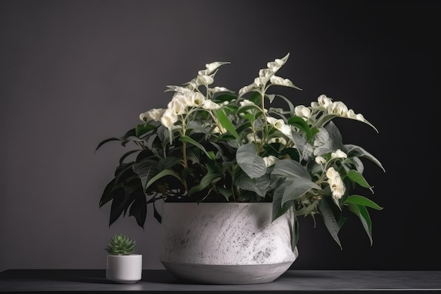 Planta de casa nova e elegante com flores brancas em vaso de concreto