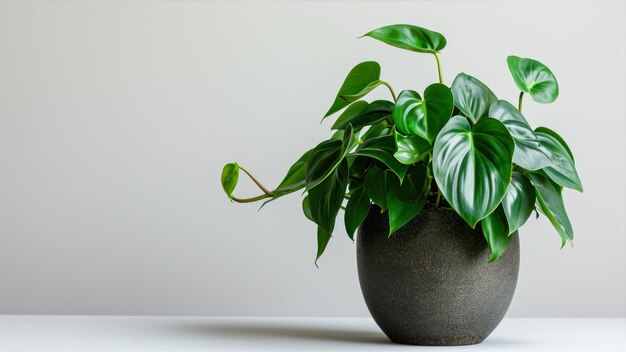 Planta de casa verde em vaso em mesa branca e fundo de parede cinza