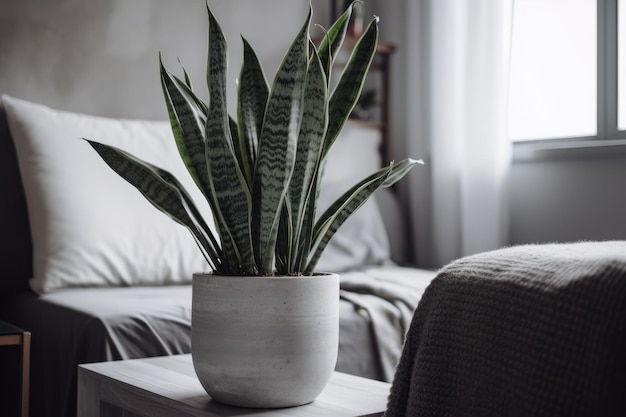 Planta de cobra com folhas altas e resistentes em um vaso branco elegante em um apartamento minimalista IA generativa