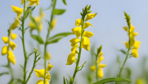 Foto planta de crotalaria amarela isolada em fundo de céu branco