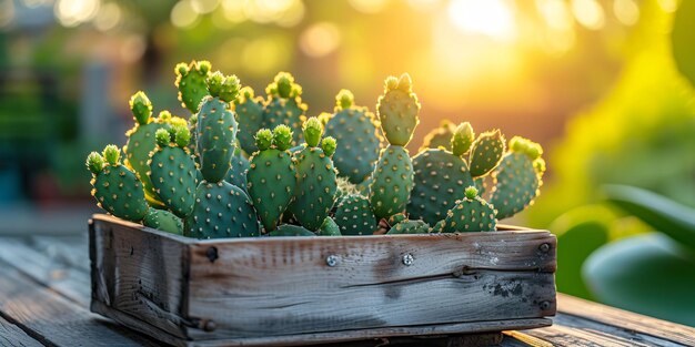 Planta de deserto em um prato de madeira ao ar livre para luz natural