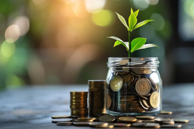 Foto planta de dinheiro verde em um frasco de vidro com pilhas de moedas