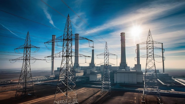 Foto planta de energia térmica e pilar de transmissão de alta tensão contra um céu azul