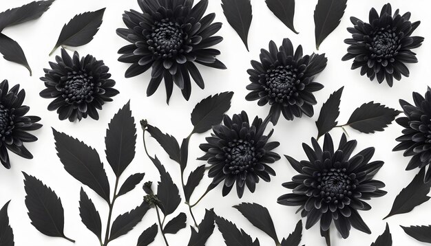 Planta de flores de crisântemo preto com folhas isoladas em fundo branco