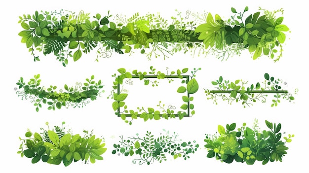 Foto planta de floresta tropical com videiras verdes e folhagem em fundo branco quadro e galhos de liana de selva isolada ilustração de desenho animado moderno
