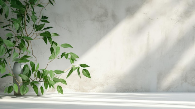 Planta de interior em uma panela em um fundo de parede branca com sombras