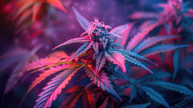 Planta de maconha crescendo sob iluminação colorida Folhas e botões grandes de néon coloridos de cânhamo de cannabis