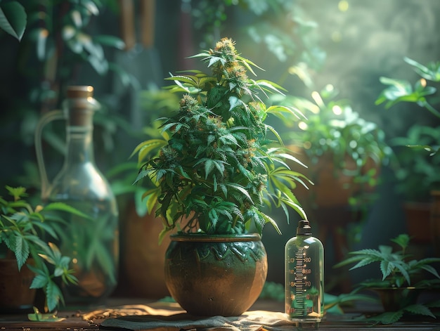 Planta de maconha indoor em vaso de flores Conceito de maçonaria médica