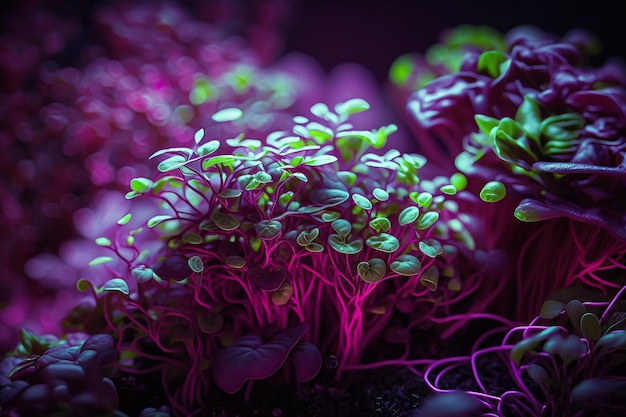 Planta de microgreens sob macro de luz led fito IA generativa