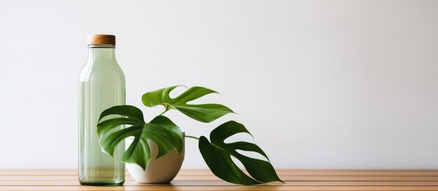 Planta de monstera verde em vaso ao lado de garrafa de água e vidro em mesa de madeira em sala minimalista