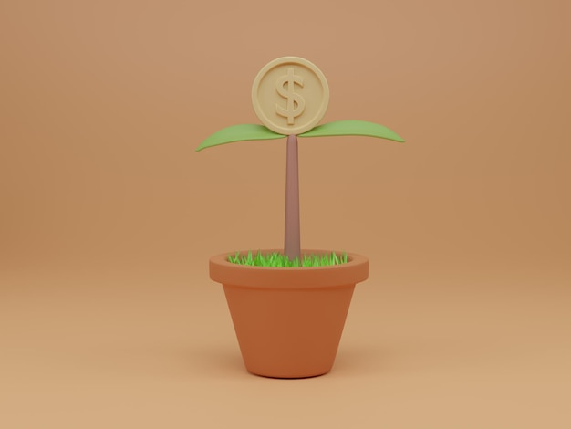 Planta de mudas com flor de moeda em vaso em fundo laranja claro Conceito de crescimento de dinheiro a longo prazo 3d render ilustração