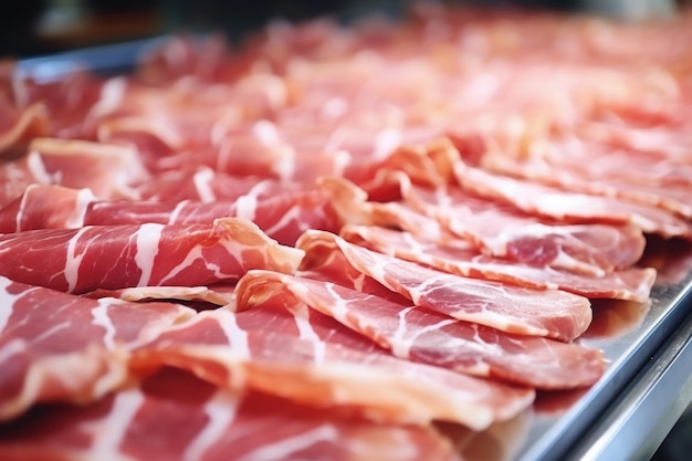 Planta de processamento de carne Fatias de bacon fresco e fatias de hortelã em uma esteira transportadora na oficina Chegada de jamon ou frios Produção de carne suína ou bovina em uma empresa moderna