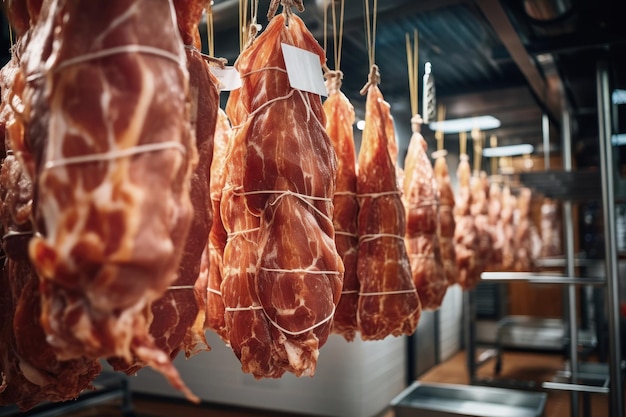 Planta de processamento de carne Pendurar carne na sala de produção Chegada de jamon ou frios Produto natural de carne fresca Produção de carne suína ou bovina no empreendimento