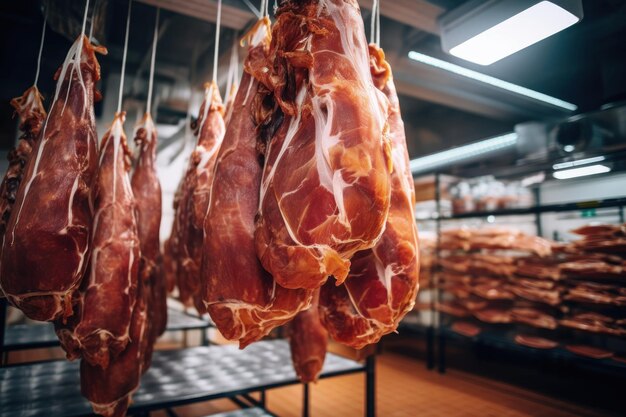 Planta de processamento de carne Pendurar carne na sala de produção Chegada de jamon ou frios Produto natural de carne fresca Produção de carne suína ou bovina no empreendimento