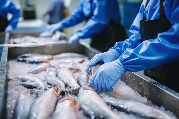 Foto planta de processamento de pescado linha de produção as pessoas classificam o peixe que se move ao longo da esteira classificação e preparação do pescado produção de conservas de peixe indústria alimentícia moderna