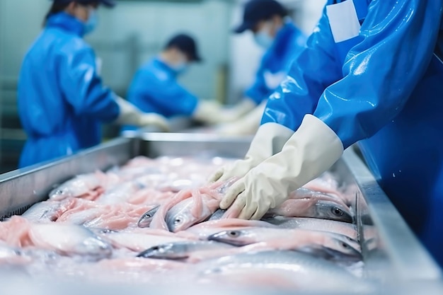 Planta de processamento de pescado Linha de produção As pessoas classificam o peixe que se move ao longo da esteira Classificação e preparação do pescado Produção de conservas de peixe indústria alimentícia moderna