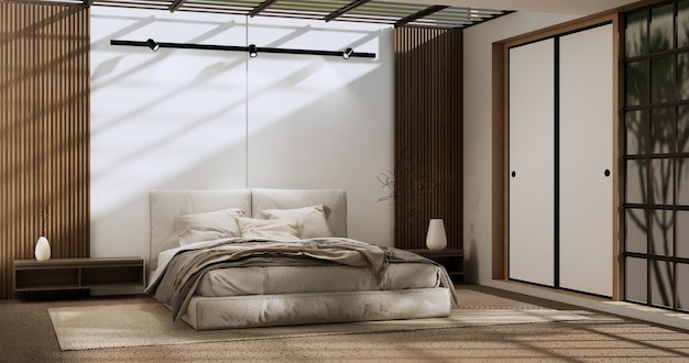 Planta de quarto wabisabi minimalista e decoração em renderização 3D de quarto japonês