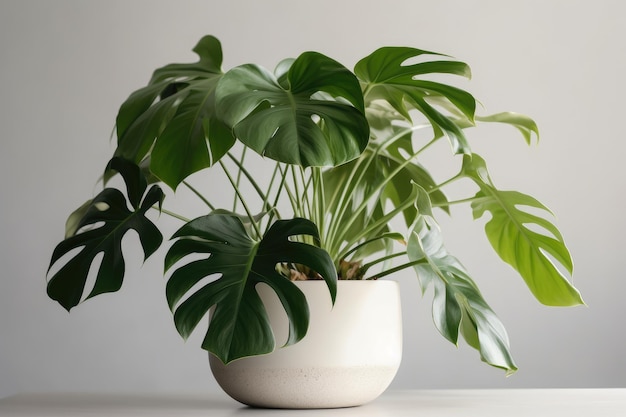 Planta de queijo suíço Monstera Deliciosa em uma panela branca sobre um fundo branco IA generativa