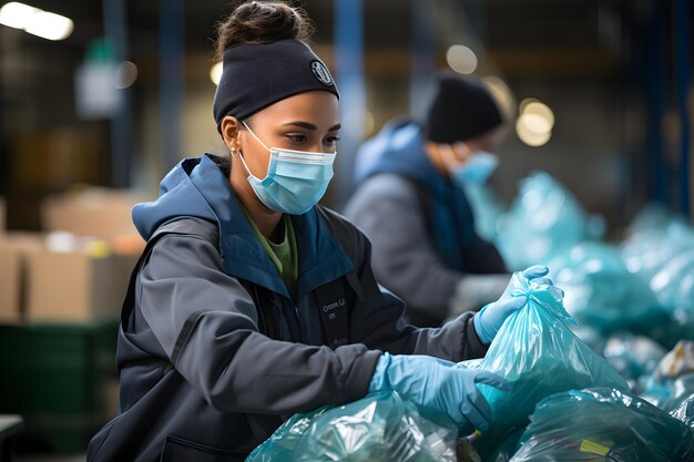 planta de reciclagem de plástico esforços de reciclador retrato de trabalhadores classificando resíduos plásticos da cidade