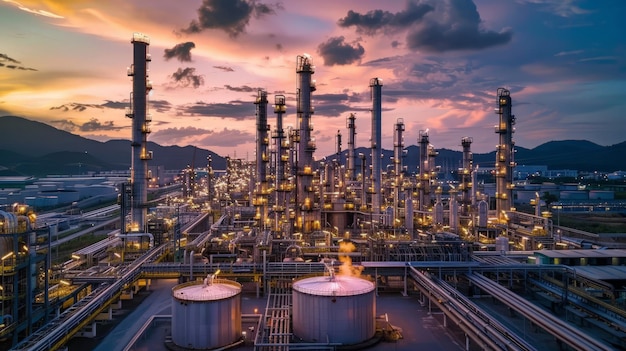 Planta de refinaria de petróleo ao pôr-do-sol A vista noturna da fábrica de petróleo e petroquímica com coluna de destilação