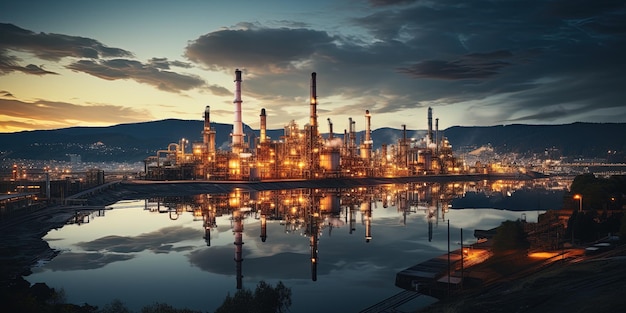 Planta de refinaria de petróleo para a indústria de petróleo bruto no deserto no crepúsculo da noite energia máquina industrial para a produção de gás de petróleo fundo